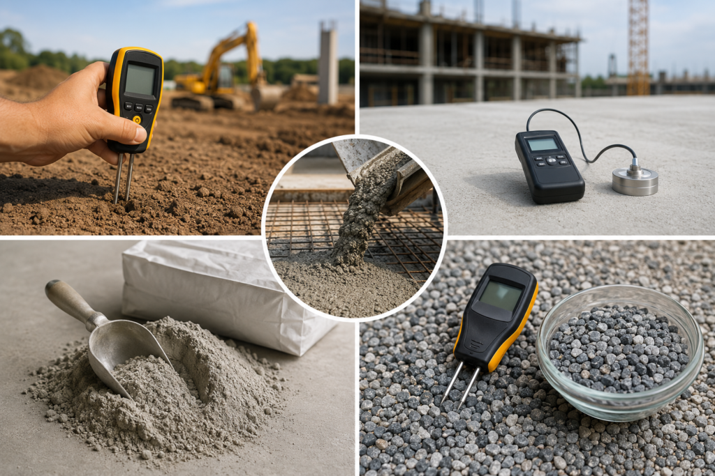 Showing moisture testing on soil, cement, concrete and aggreagrate