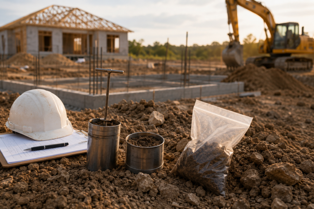 Geotechnical engineer performing soil testing at a construction site before foundation work begins.