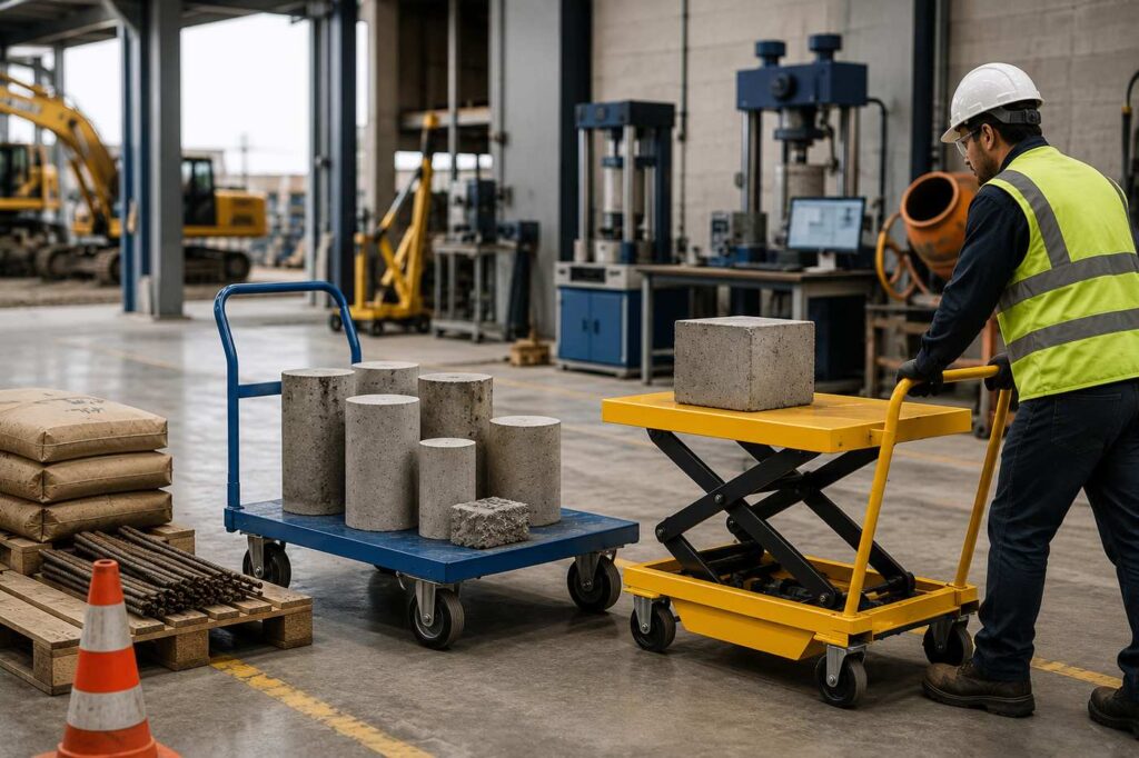 How Proper Material Handling Supports Safer Construction and Testing Operations Worker using a lift platform truck to safely transport concrete test samples and construction materials inside a construction testing laboratory.
